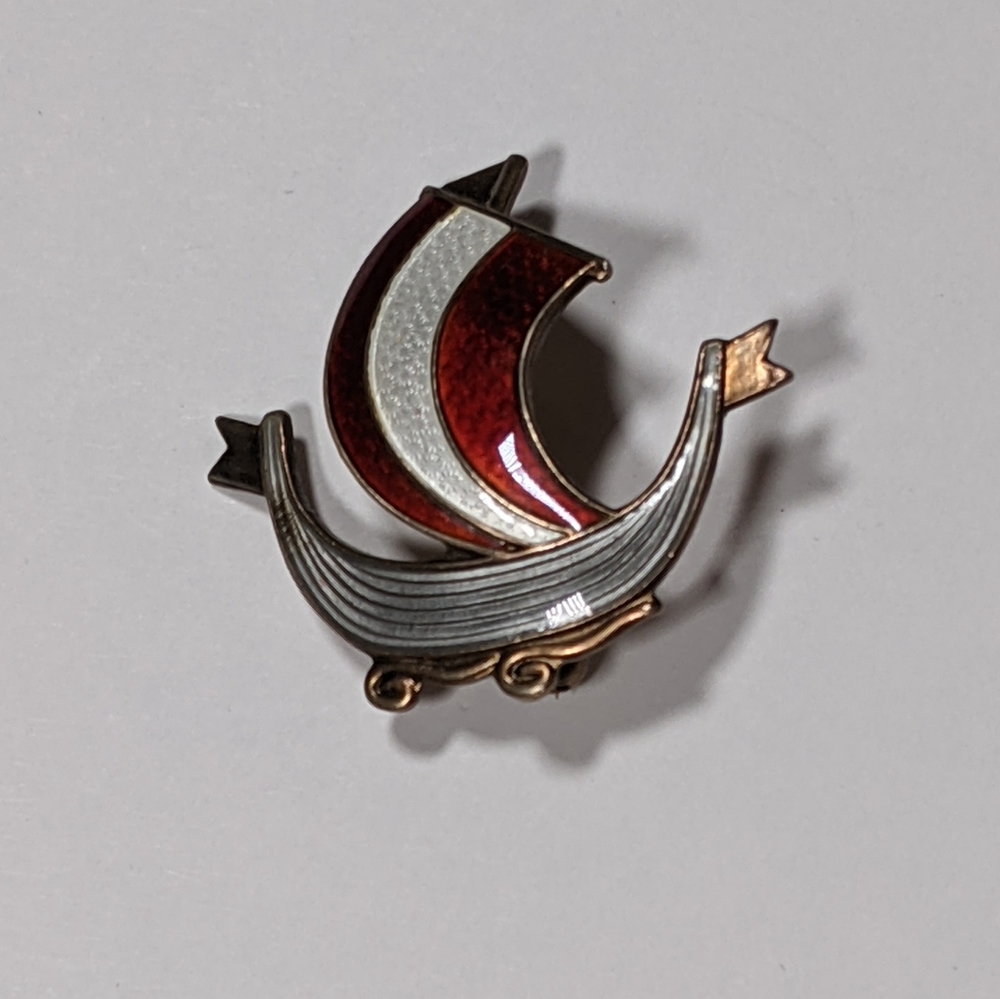 Vintage Norway Silver Enamel Viking Ship Brooch